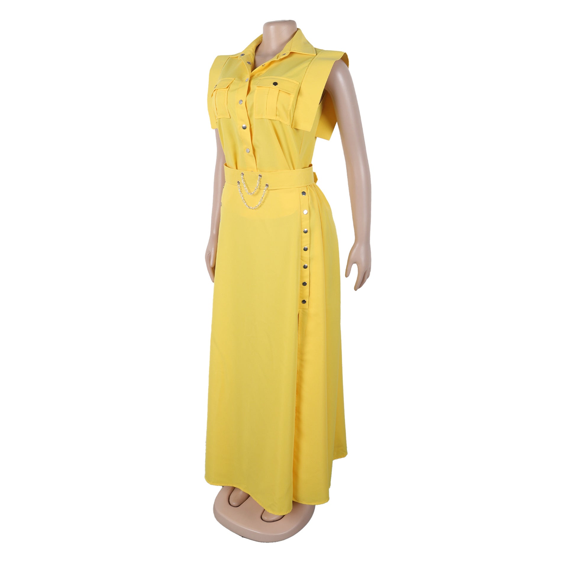 Elegant Career Solid Color Turndown Collar Sleeveless Shirt Slit Long Skirt Two-Piece Set 11