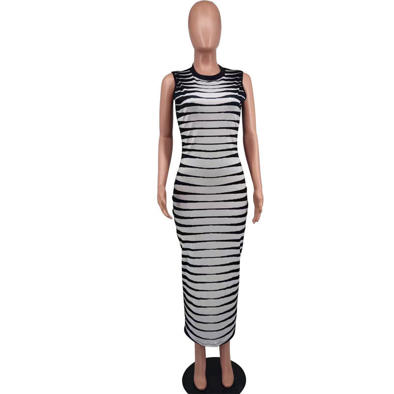 Women Fashion Sleeveless Striped Bodycon Dress 4