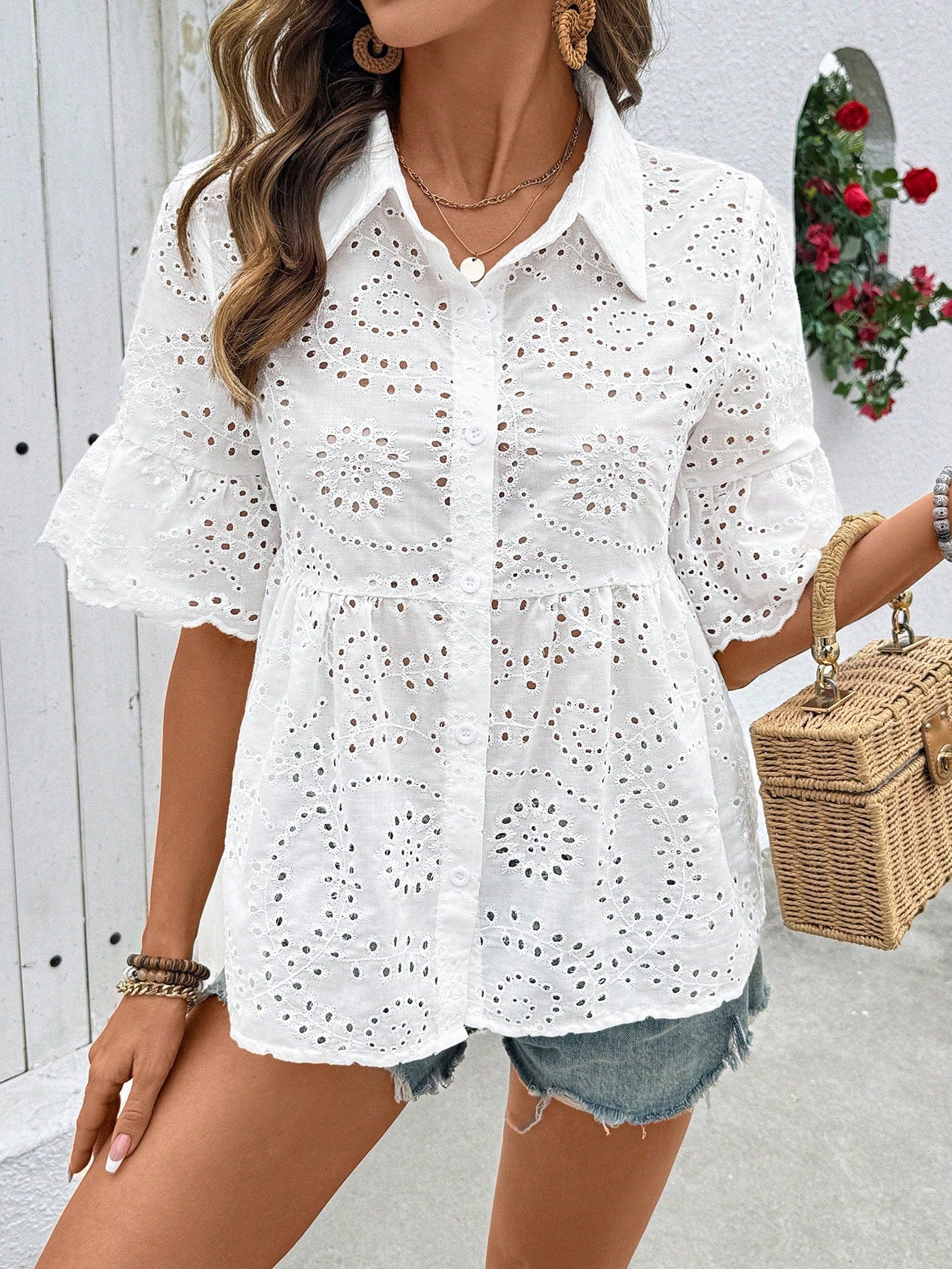 Women spring and summer Half-Sleeve Turndown Collar cardigan lace hollow T-shirt 3
