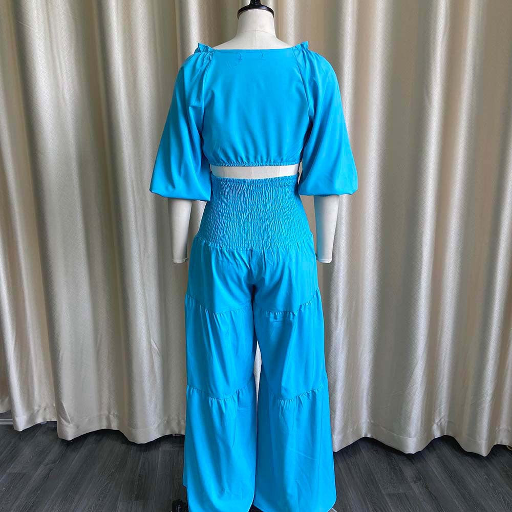 Women Spring Casual V-neck Sleeveless High Waist Solid Cascading Ruffle Loose Plus Size Two Piece Pants Set 8