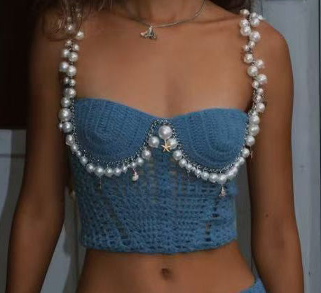 Spring/Summer Sexy Solid Color Crop Strap Beaded Top 7