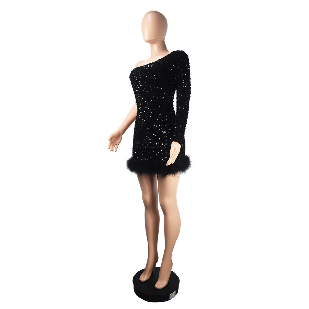 Fall/Winter Slash Shoulder Long Sleeve Sequin Feather Bodycon Party Dress 14