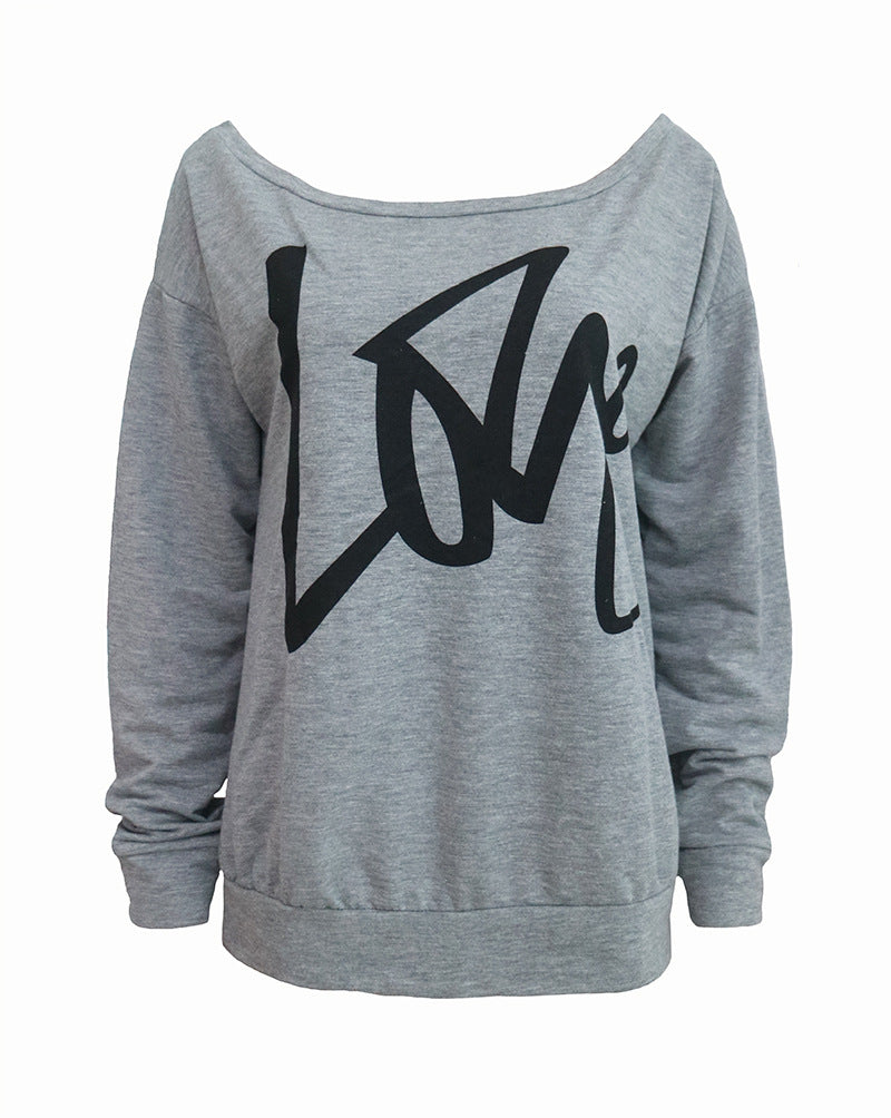 Love Letter Printed Long Sleeve T-Shirt Sexy Off-Shoulder Women's Top 39