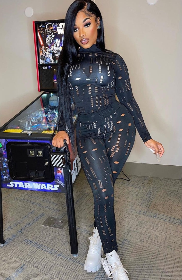 Spring Black Sexy Hollow Out Tight Top and Pants Two Piece Set 4