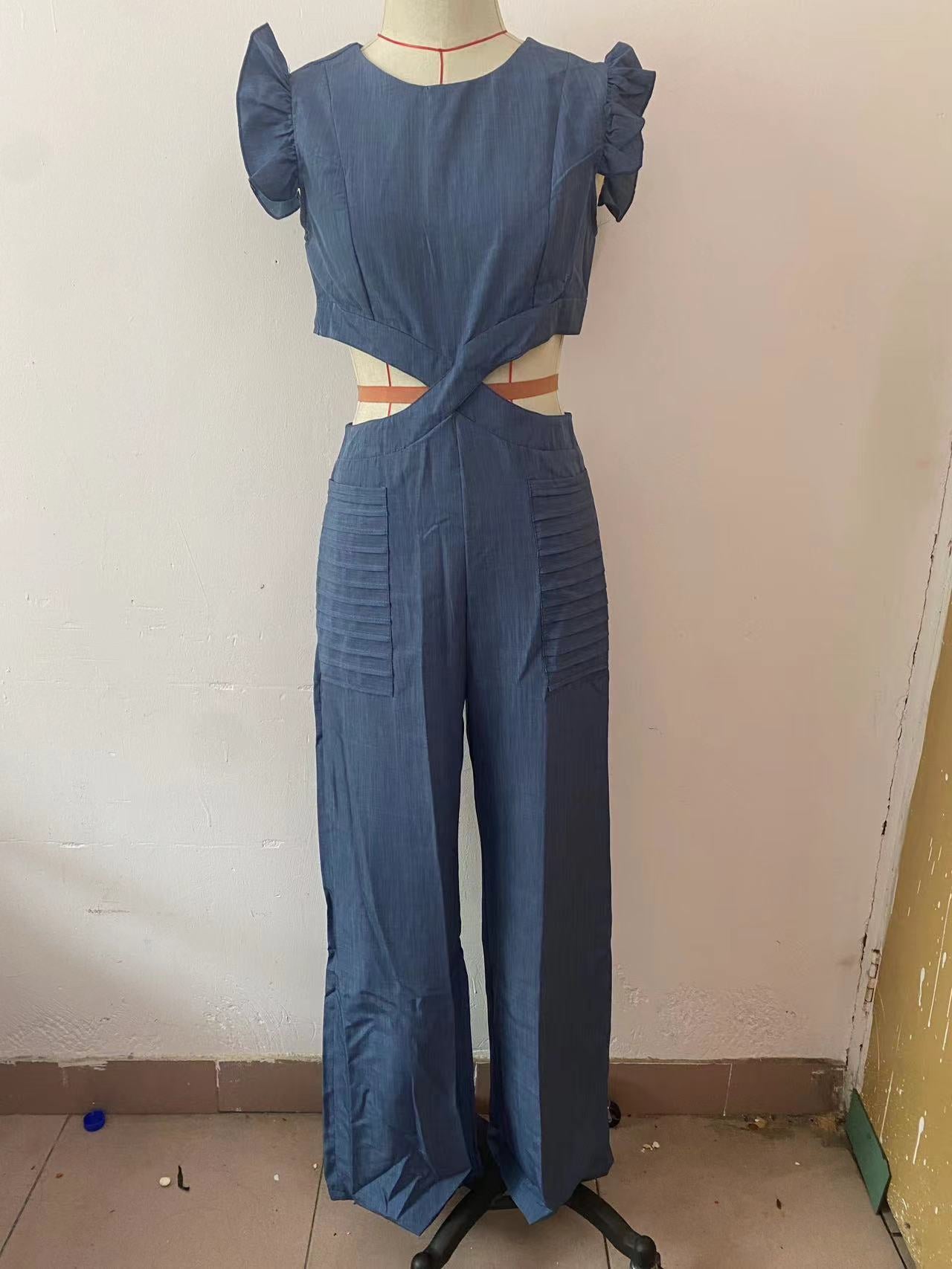 Women Summer Round Neck Ruffled Loose Jumpsuit 13