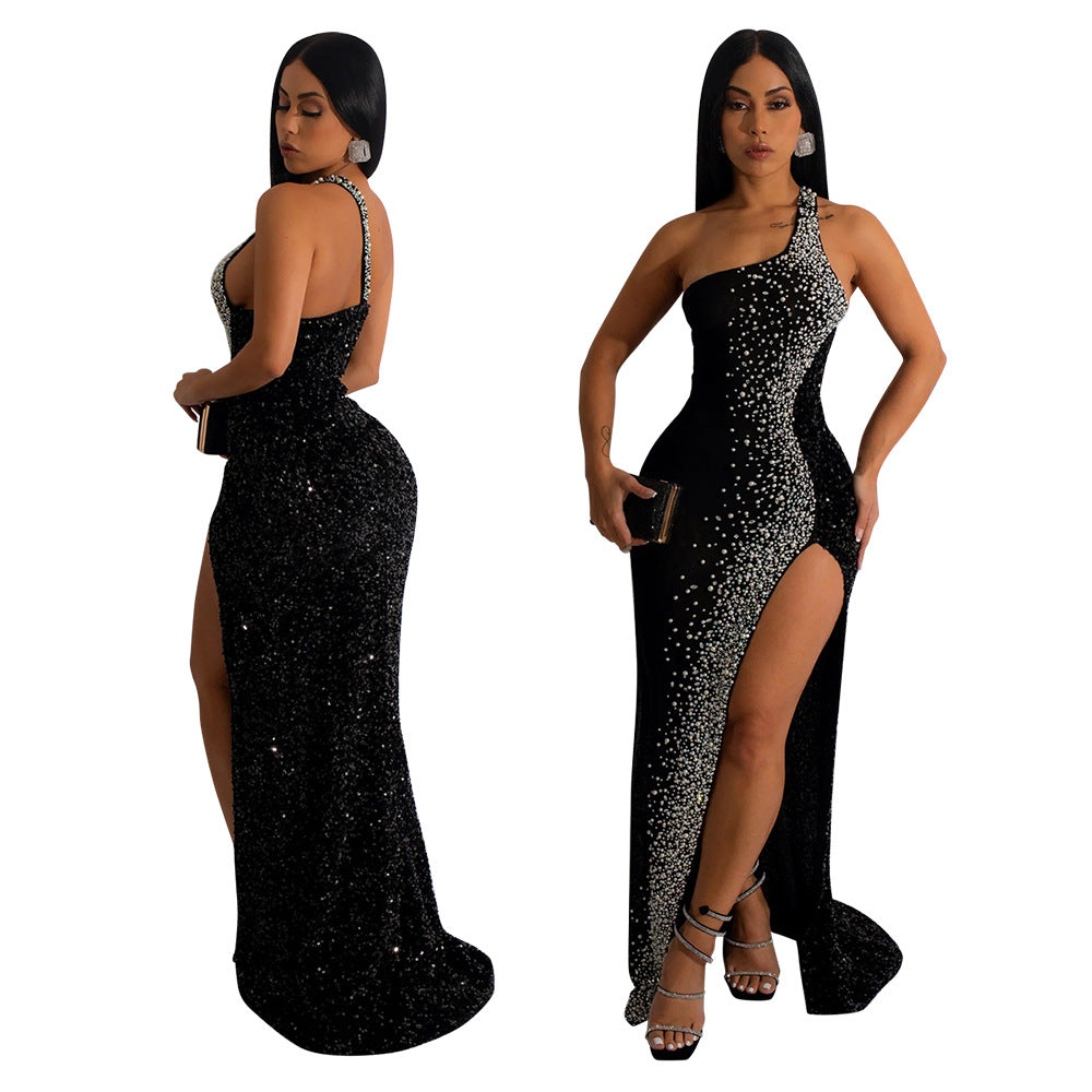 Fashion Slash Shoulder High Slit Beaded Party Evening Dress Women'S Maxi Dress 3