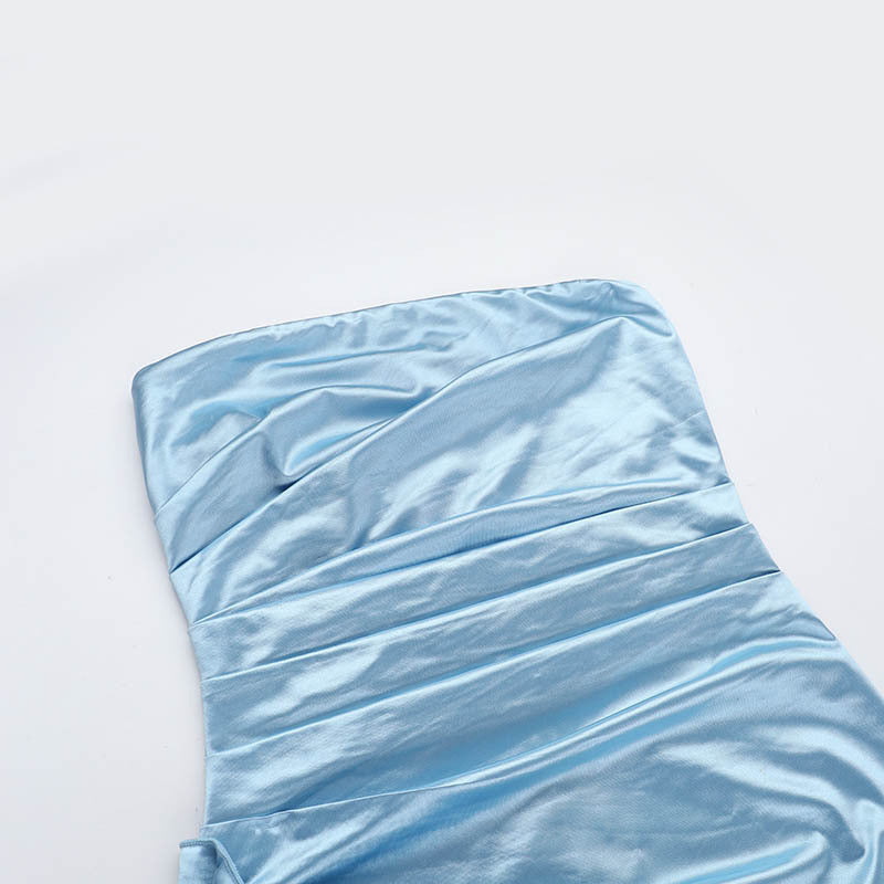 Summer Fashion Sexy Strapless Elastic Pleated Slit Dress 12