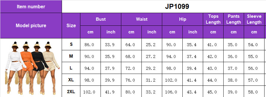 Women's Casual Fashion Round-Neck Crochet Hollow Long Sleeve Knitting Two Piece Shorts Set 14