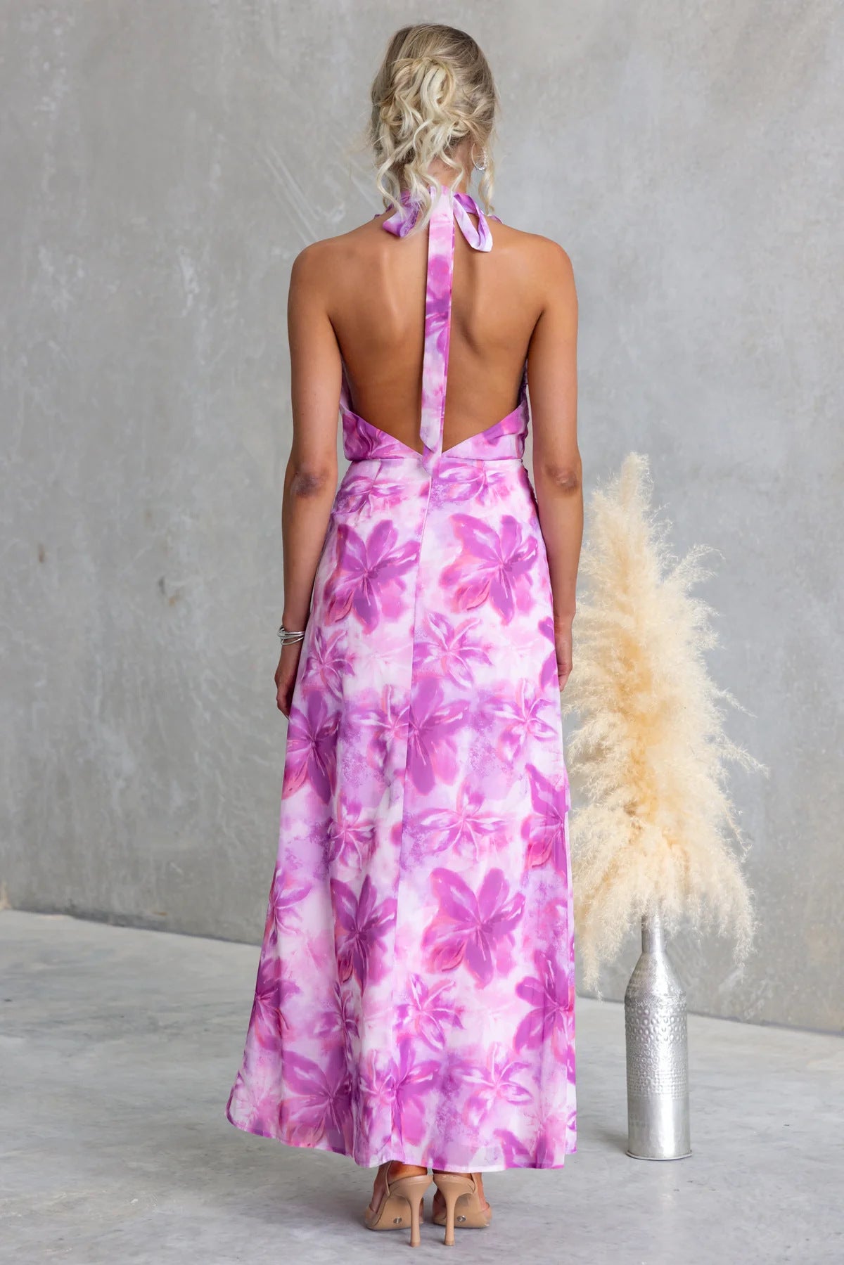 Women Printed Sexy V-Neck Backless Halter Neck Patchwork Ruffle Edge Dress 9