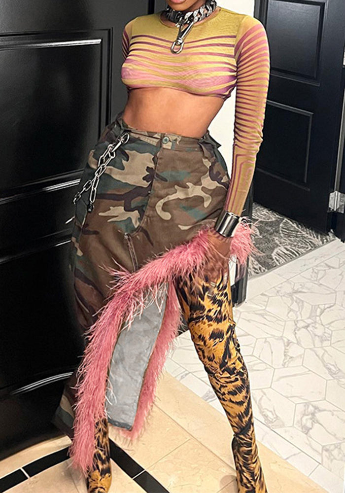 Women camouflage pink fur patchwork bevel irregular skirt