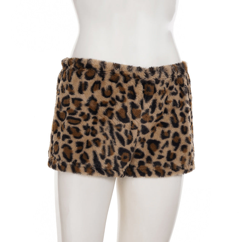 Women Leopard Print Off-Shoulder Long-Sleeved T-Shirt and Furry Shorts Two-Piece Set 28