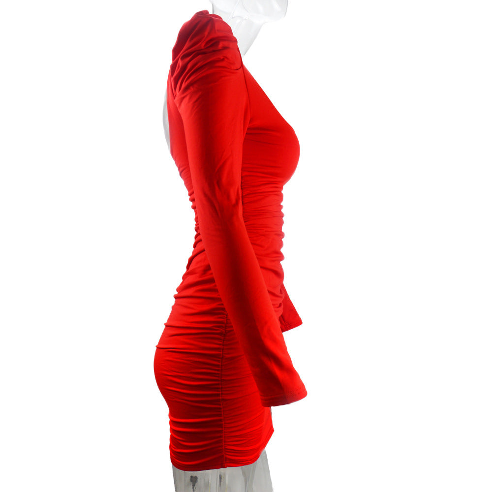 Autumn Winter Women's Sexy Low Back Stacked Shoulder Long Sleeve Slim Dress 15