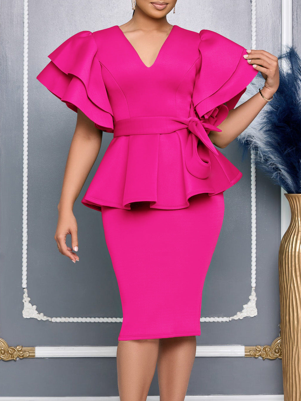 Women elegant ruffled solid bodycon formal party dress 6