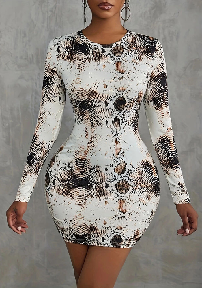 Women's Round Neck Snake Print Long Sleeve Bodycon Dress