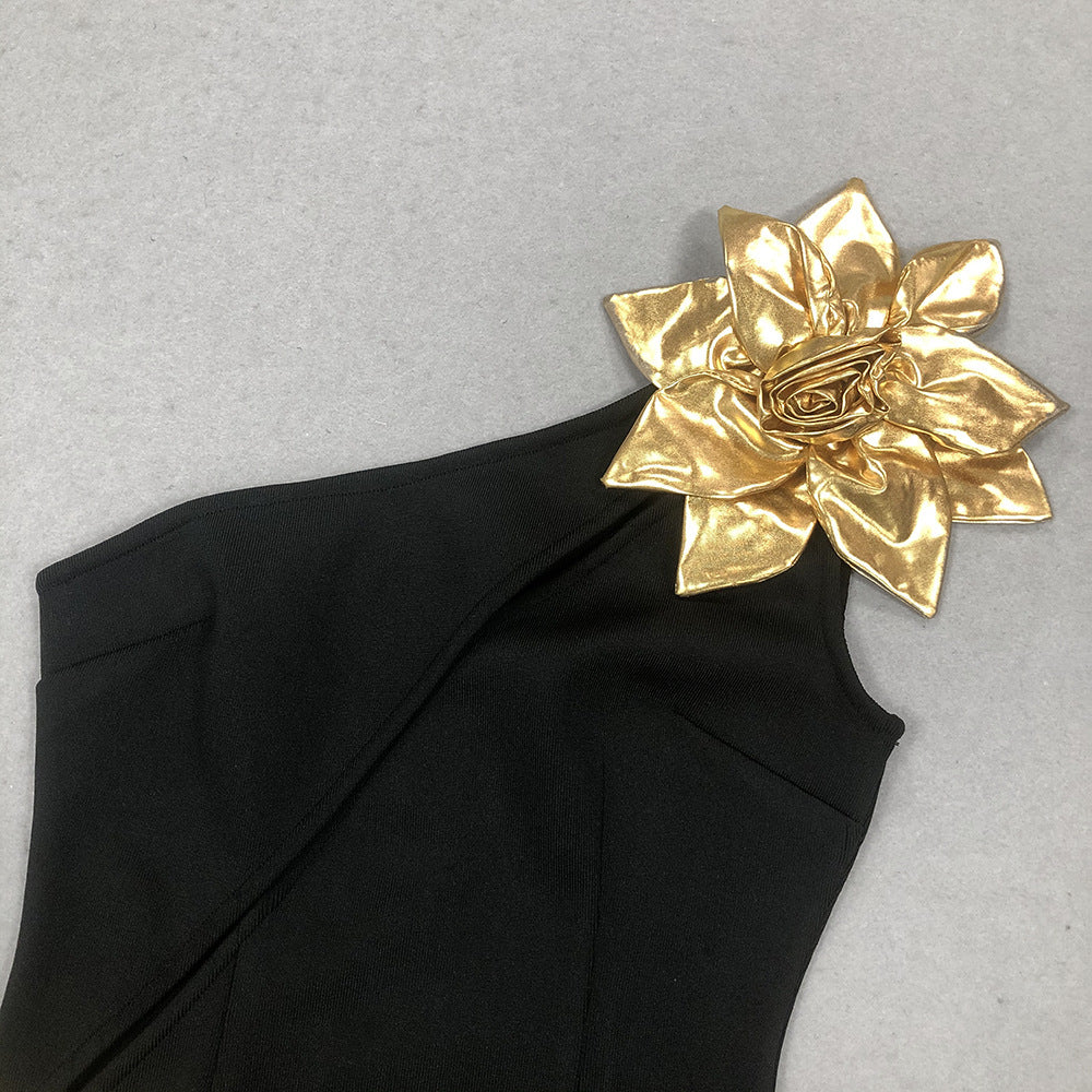 Women Sexy Formal Party One Shoulder Hollow Flower Bandage Dress 4