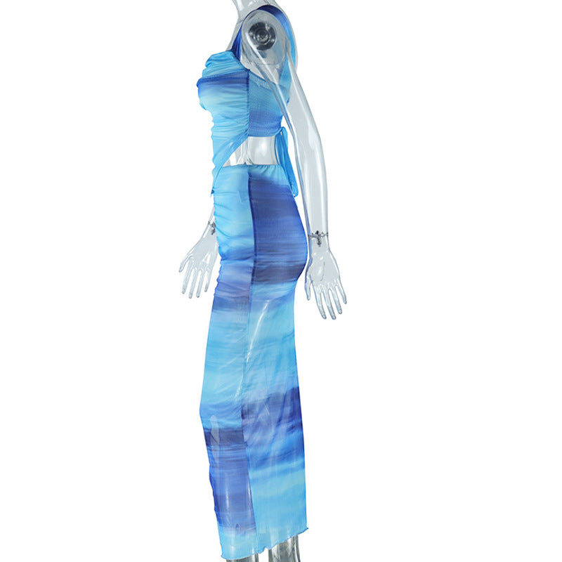 Women sexy lace-up vest And split printed skirt two-piece set 10