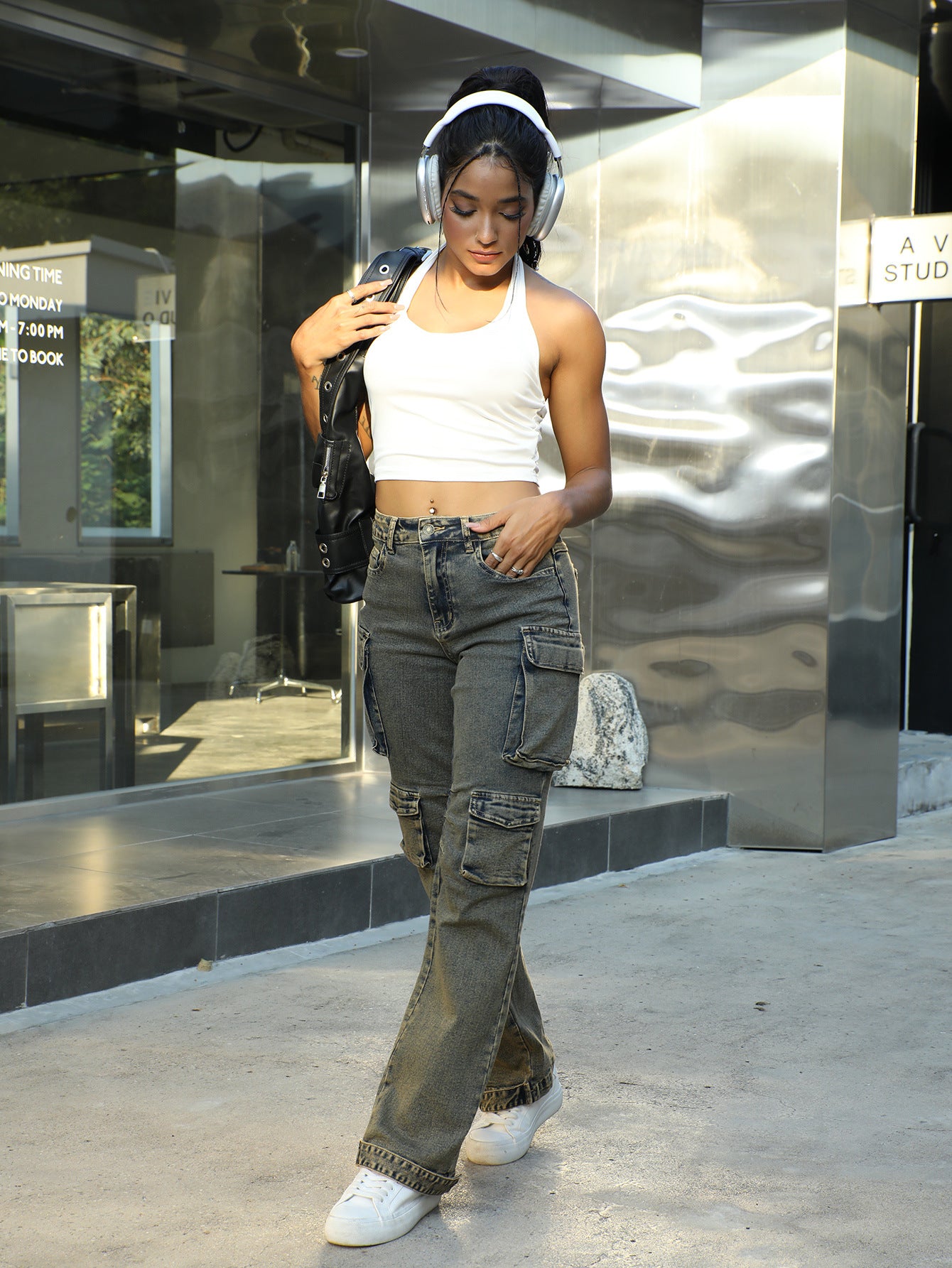 Women Patchwork Lace Cargo Denim Wide Leg Pants 5