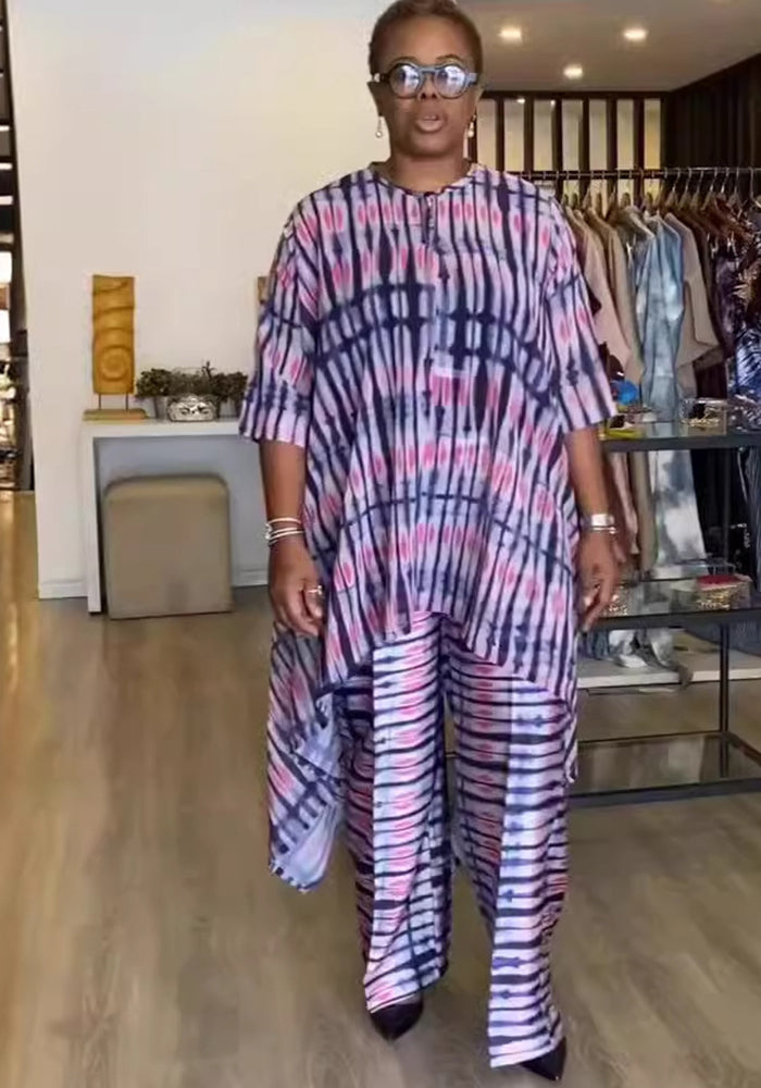 Women printed irregular Top and wide-leg Pant two-piece set