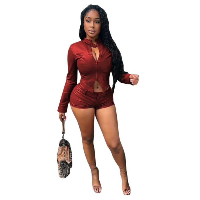 Women's Long Sleeve Elastic PU Shorts Set 13
