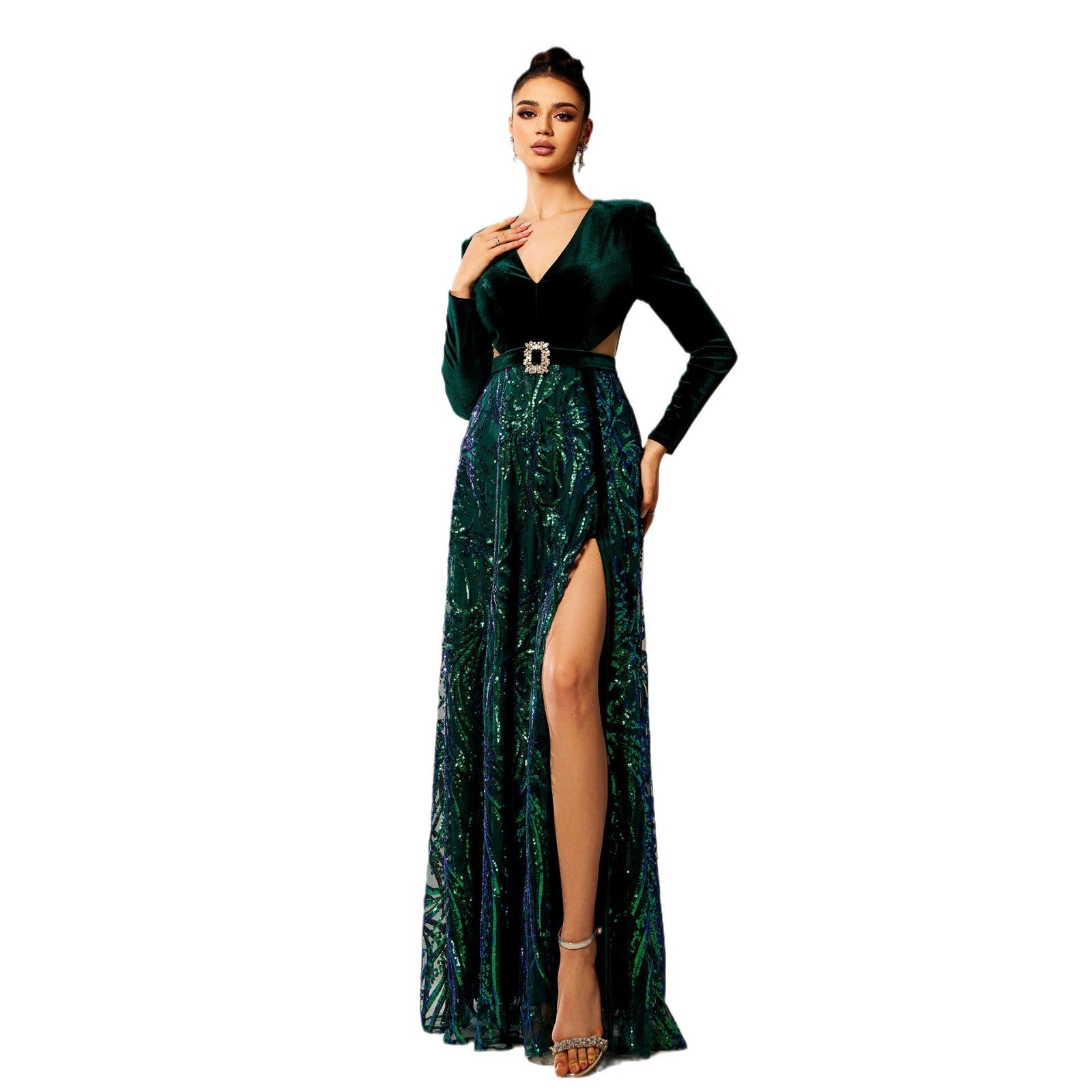 Luxury Long Sleeve V-Neck Formal Party Sequin Slit Evening Dress Women Bridesmaid Gown 6