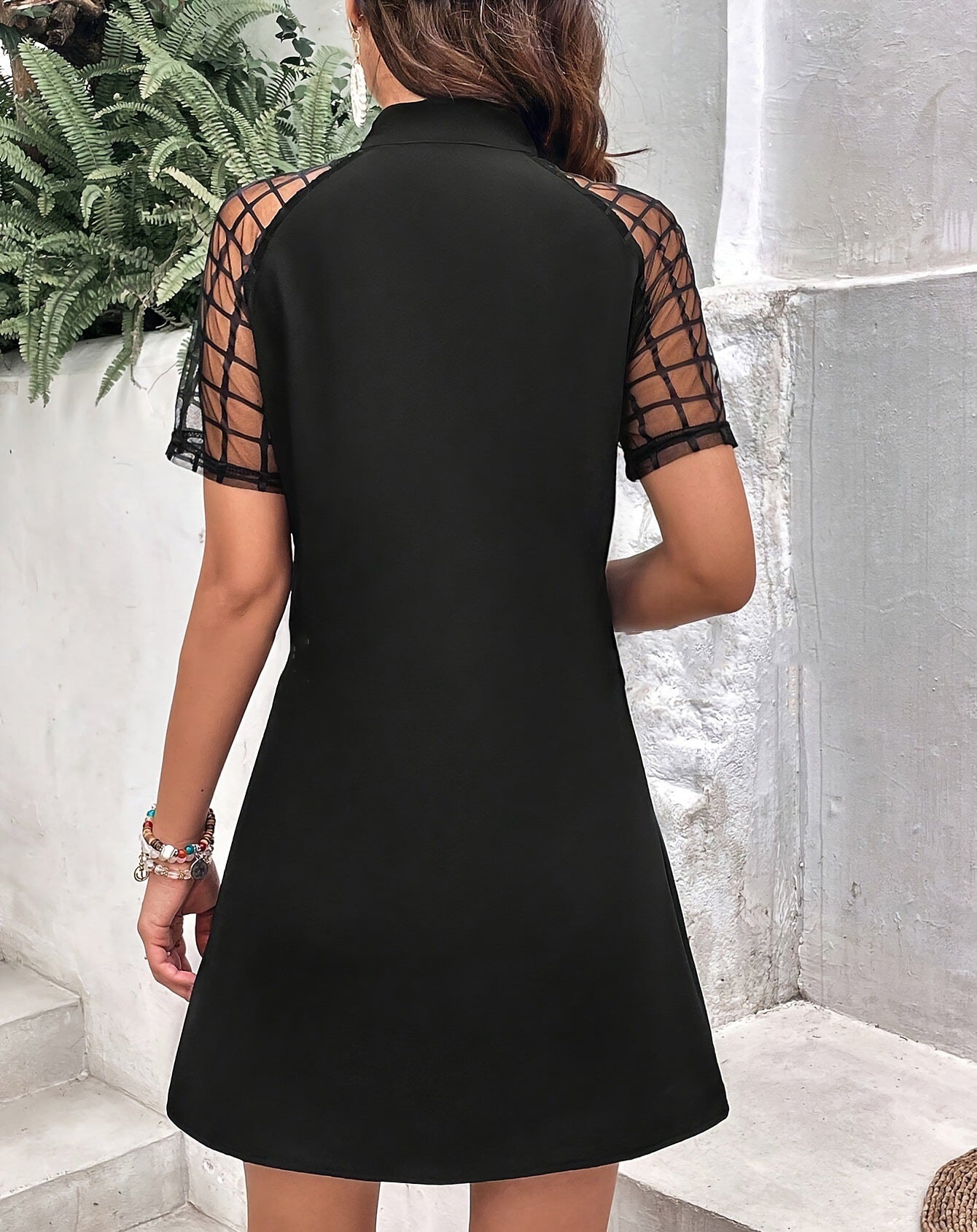 Floating Collar Plaid Mesh Short Sleeve Casual Dress 3