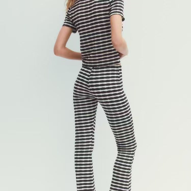 Fashion Turndown Collar Shirt & Striped Bell-Bottom Pants Summer Knit Set 7