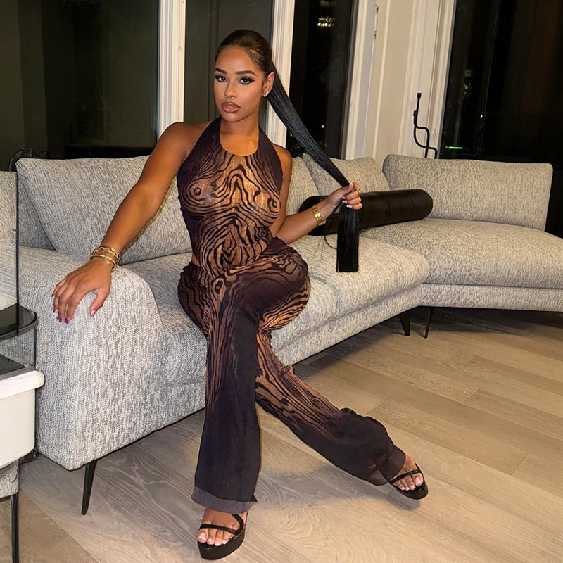 Women's Summer Autumn Mesh Printed Halter Neck Lace-Up Top and Pants Set 4