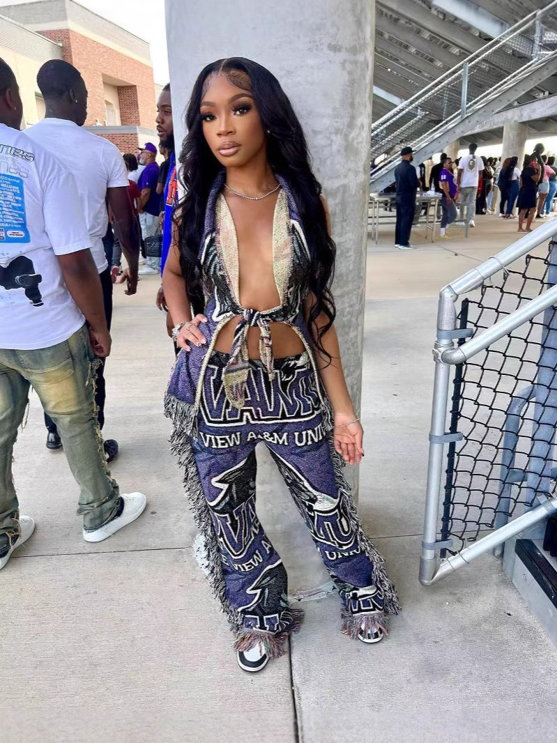 Women casual multi-color print tassel pants 5