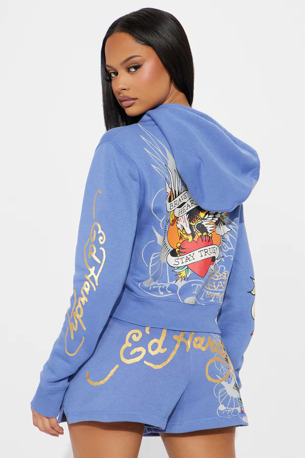 Women Print Hoodies and and Shorts Two-Piece Set 3