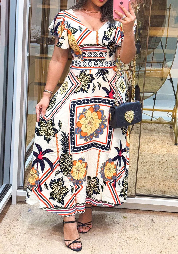 Women Print Holidays Casual Ruffle Sleeve V-Neck Floral Dress