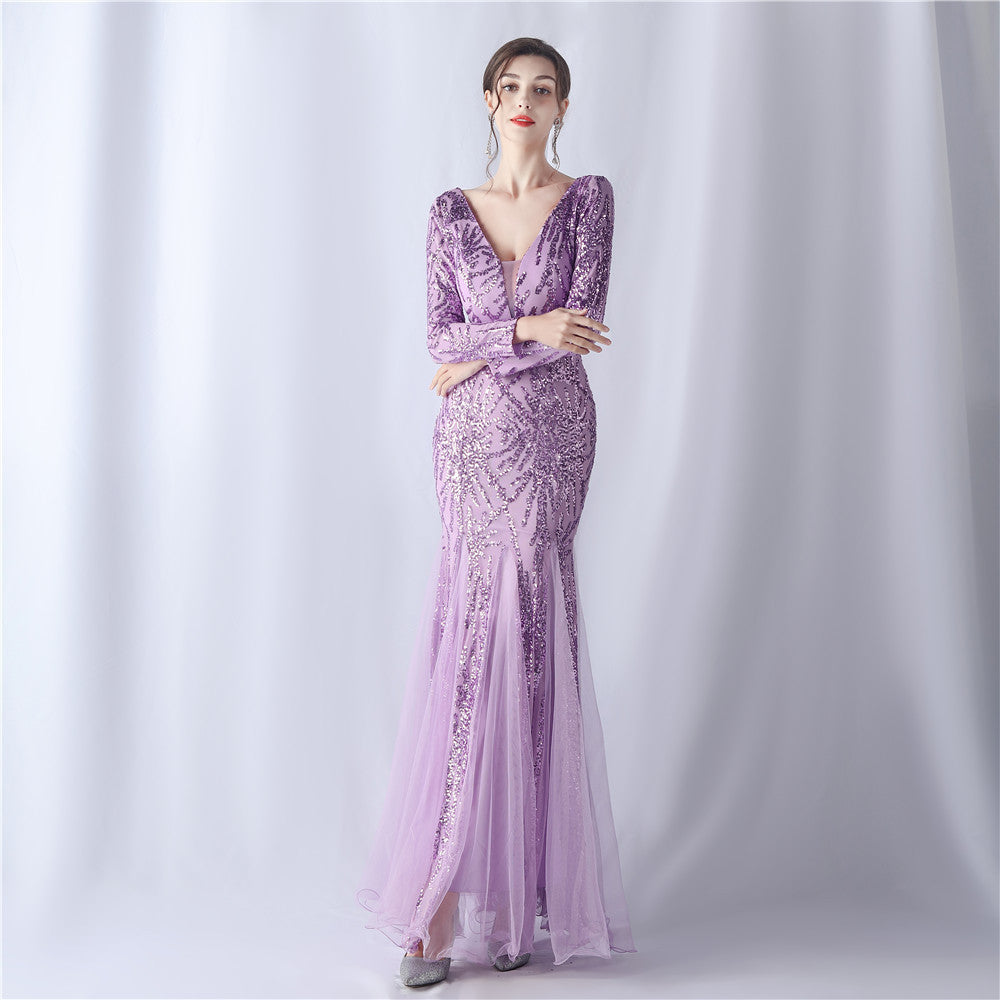 Women mesh sequin wedding dinner long-sleeved evening dress 8