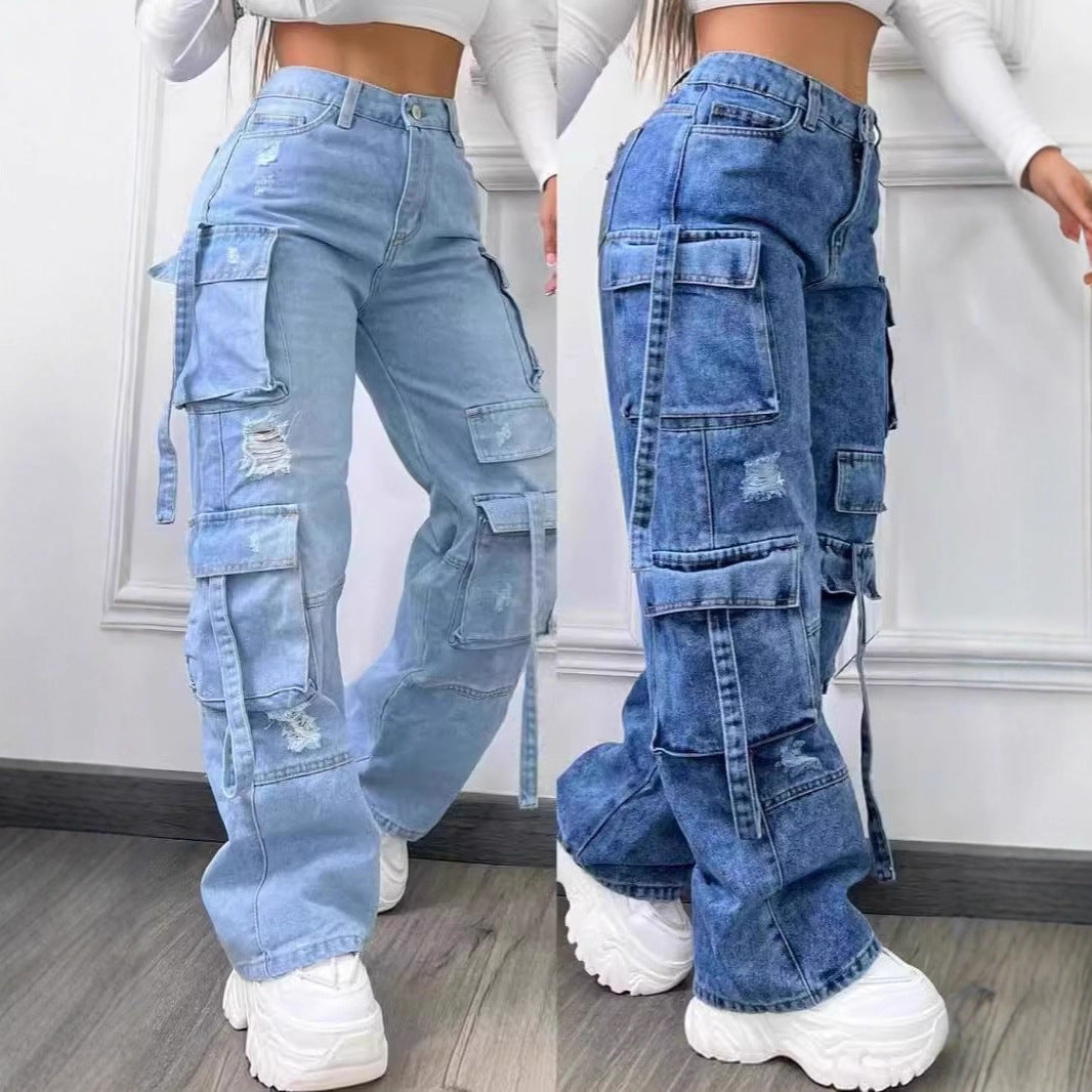 Fashion Solid Color Plus Size High Waist Multi-Pocket Casual Cargo Denim Pants 4