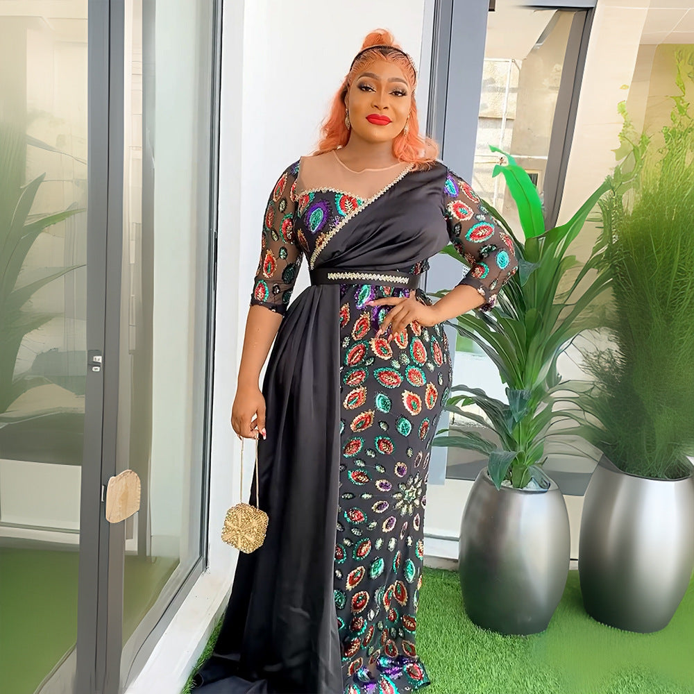 Patchwork Contrast African Women's Plus Size High Waist Sequin Long Dress 3