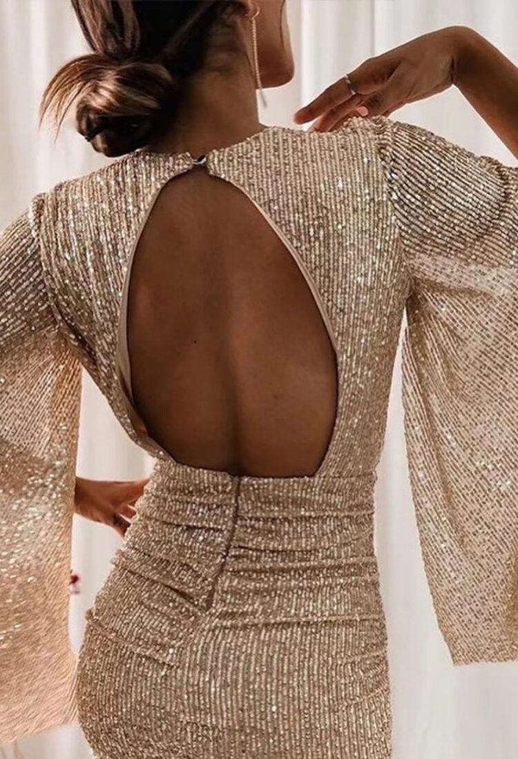 Spring Sexy V-Neck Sequined Cape Sleeve Short Bodycon Dress 13