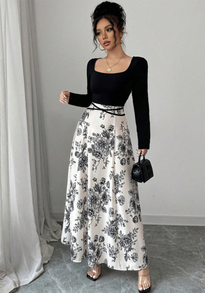 Women's Elegant Floral Print Square Neck Patchwork Tie-Waist Dress