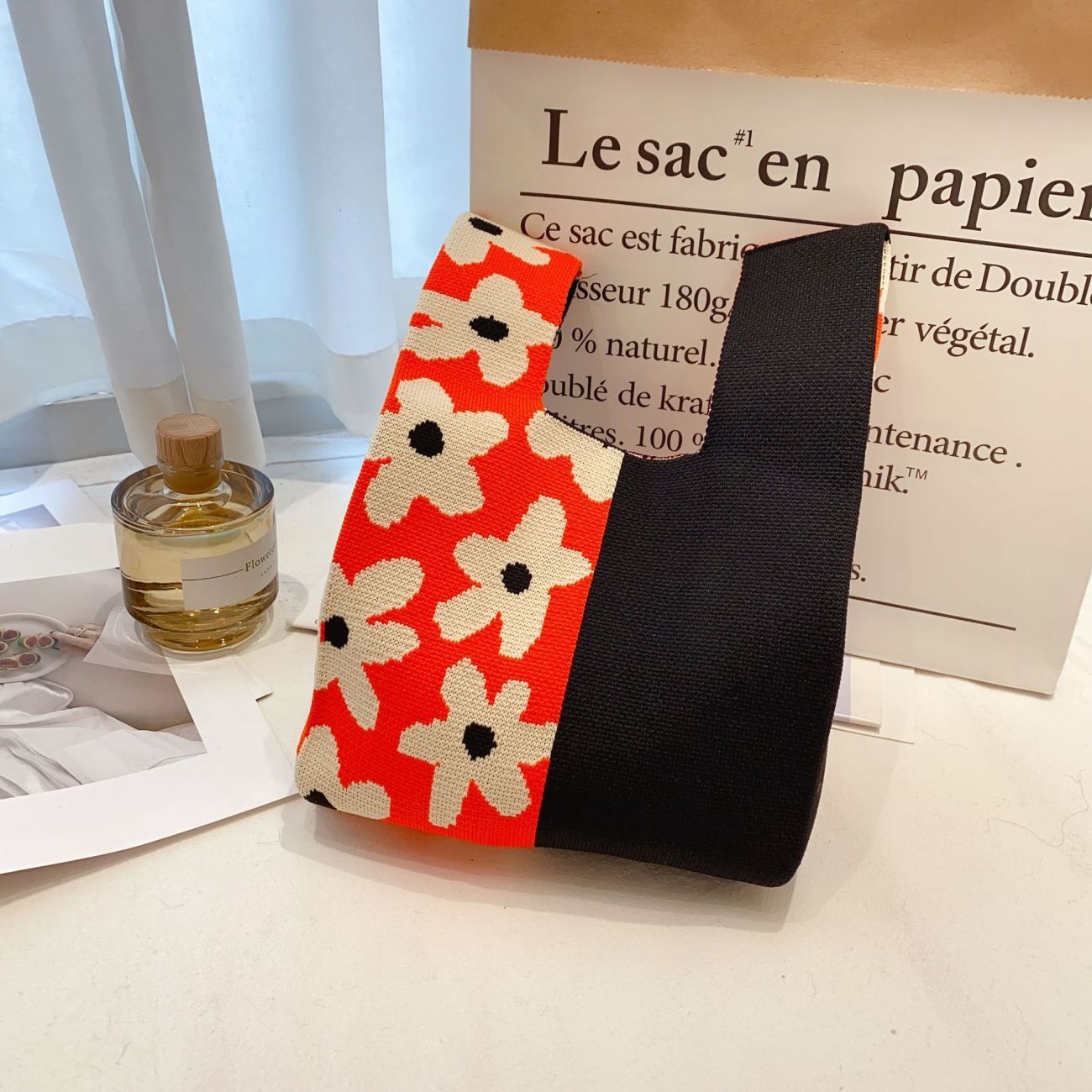 Handbag Women Knitting Bucket Bag Versatile Hand Carry Casual Tote Bag Lunch Bag 11