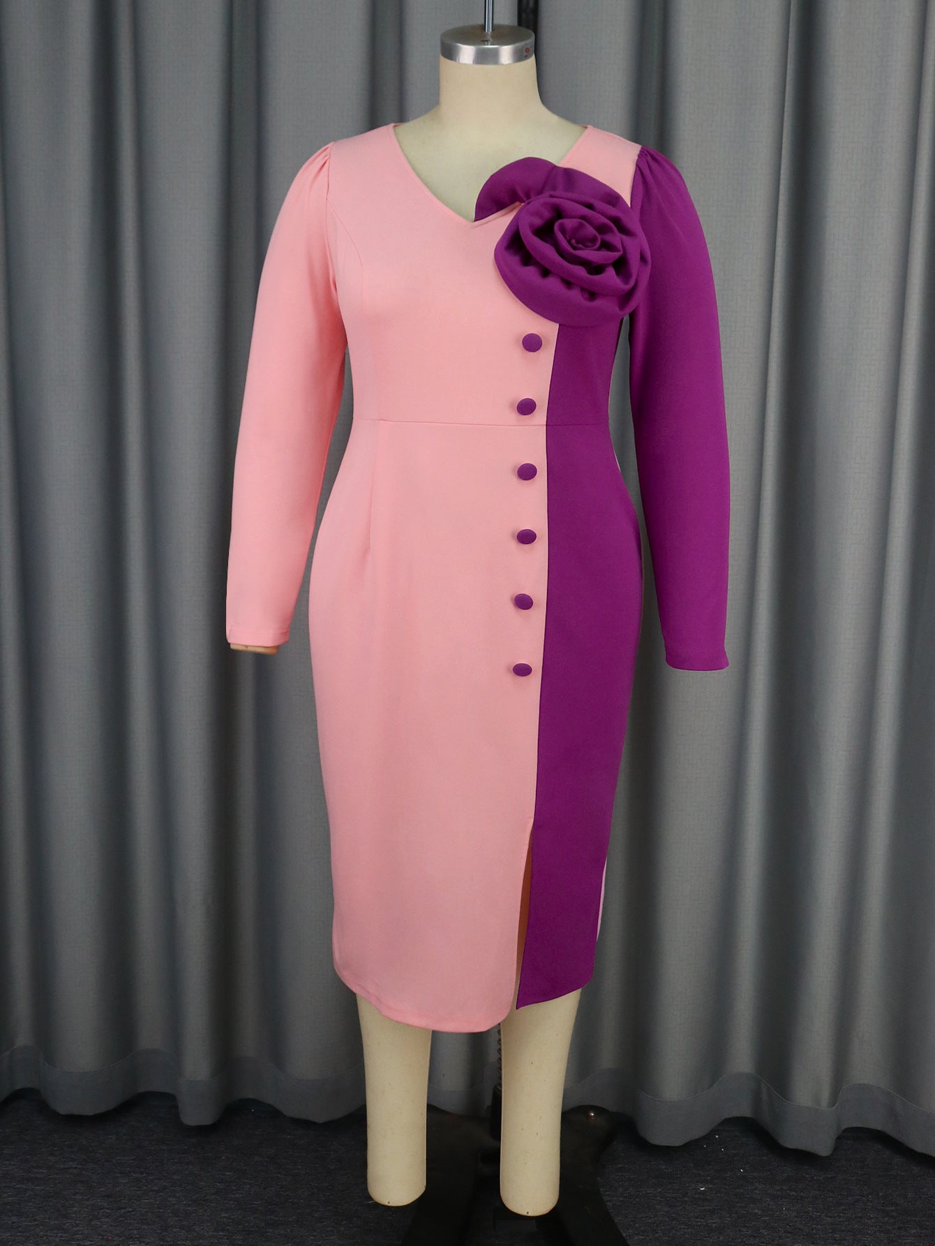 Women V-Neck Long Sleeve Contrast Color Block Rose Dress 3