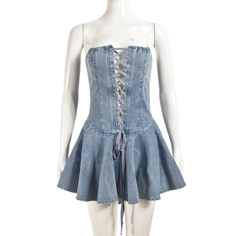 Elastic Denim Women's Zipper Lace-Up Sexy Transparent Strap Short A-Line Dress 10