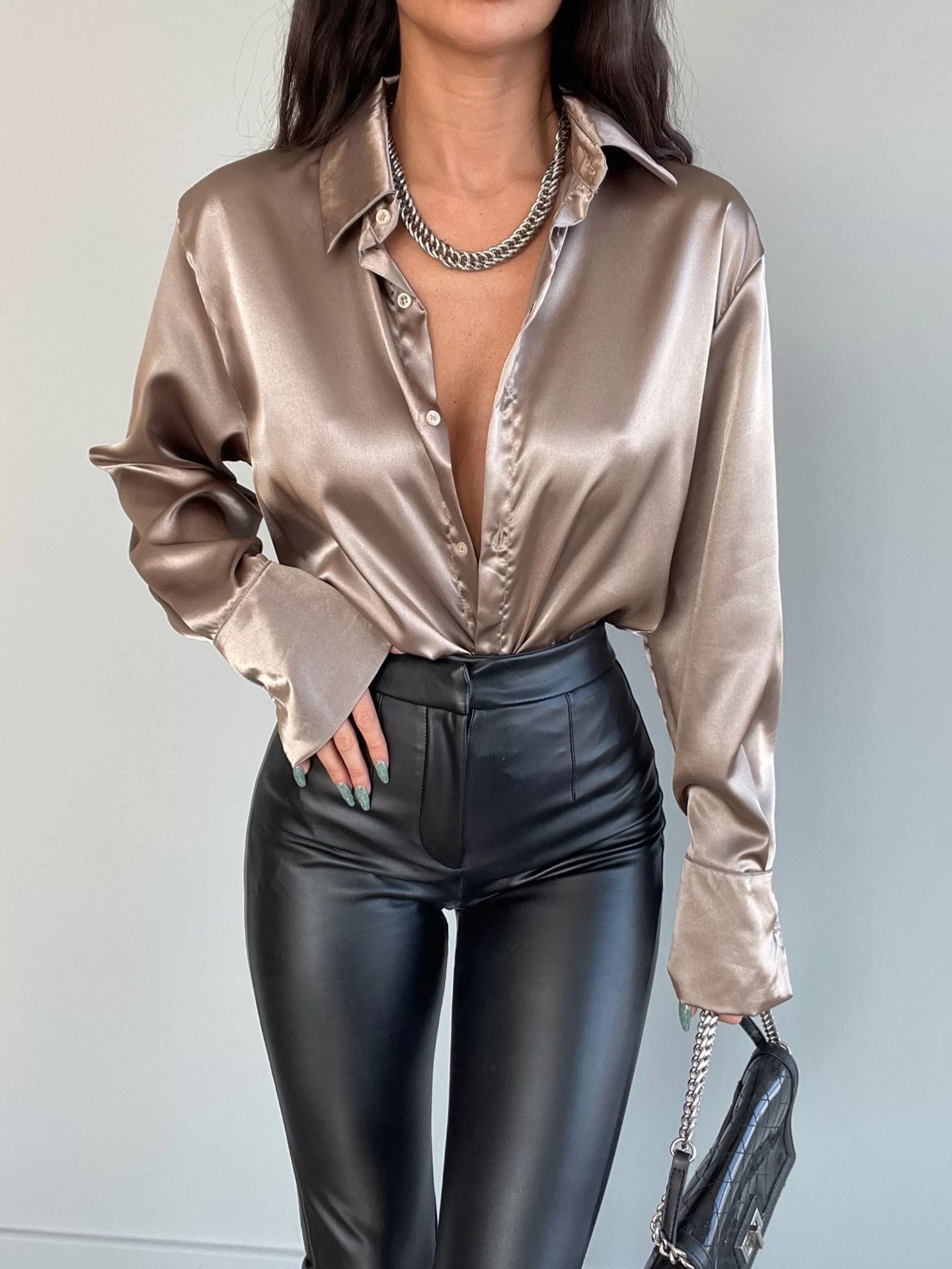 Turndown Collar Long Sleeve Buttoned Chic Slim Fit Satin Shirt For Women 7