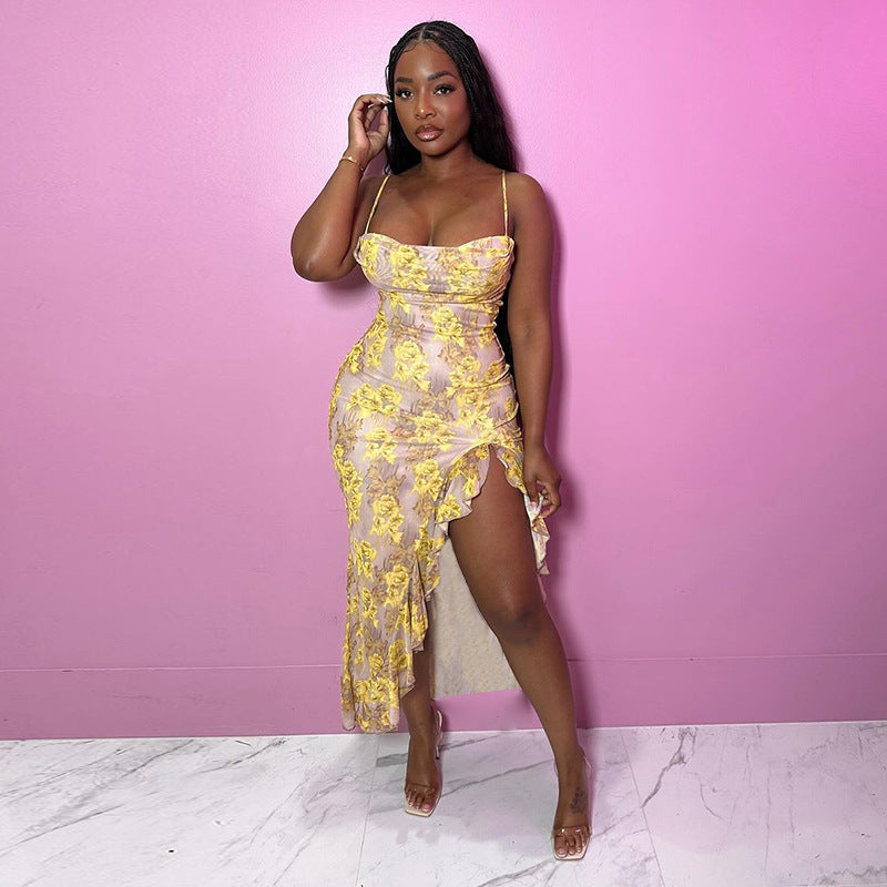 Women summer sexy printed ruffle Holidays Strap Dress