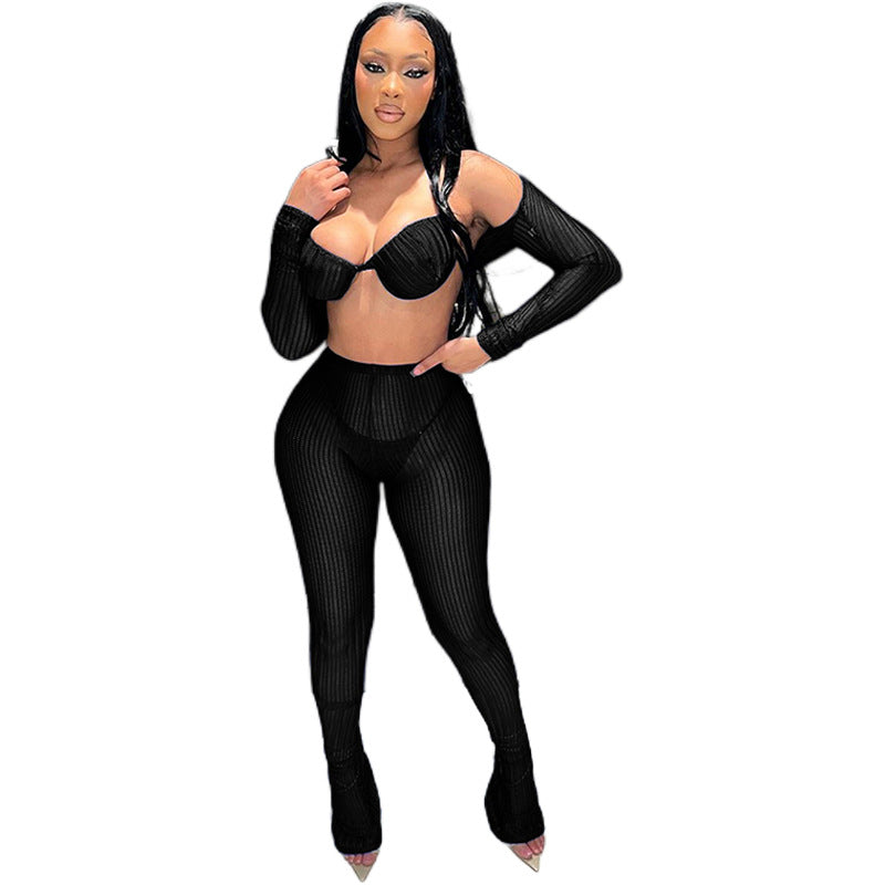 Summer Women's Fashion Trend Long-Sleeved Crop Top Lace Bra Sexy Slim Pants Set 26