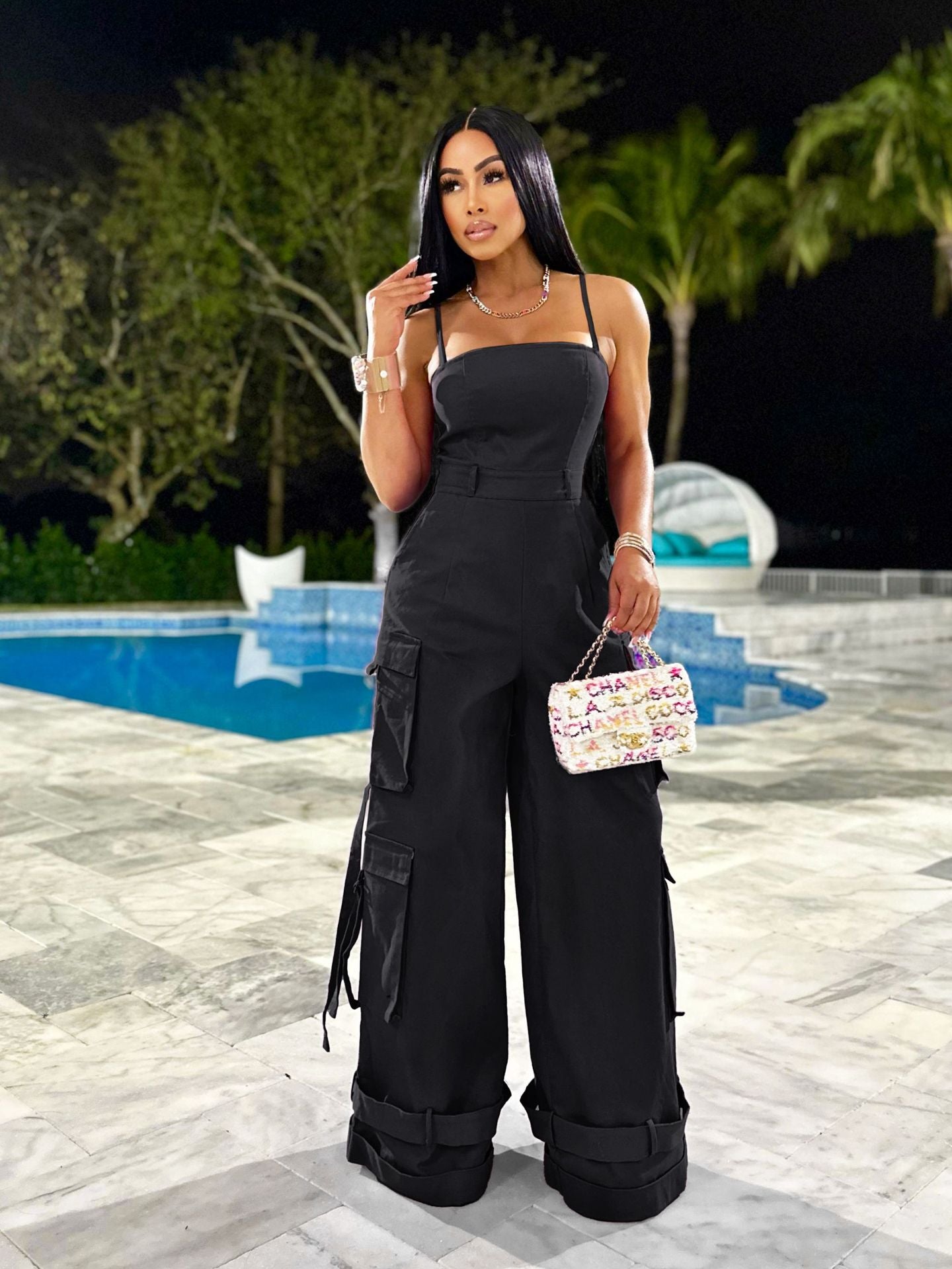 Women Sexy Strap Cargo Wide Leg Jumpsuit 7