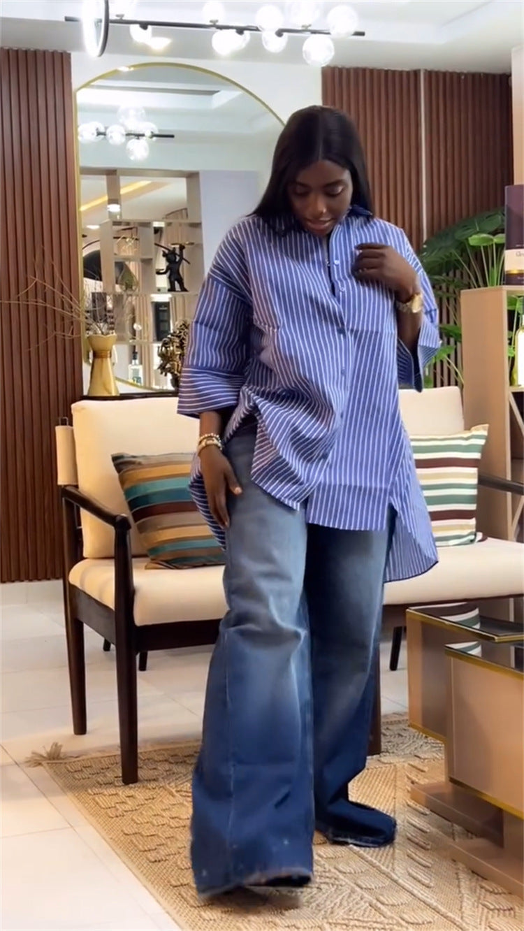 Women summer blue striped long-sleeved shirt Top 5