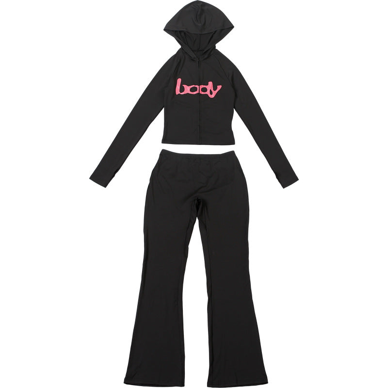 Women Fall/Winter Hooded Letter Print Zipper Top and Pants Two-Piece Set 30