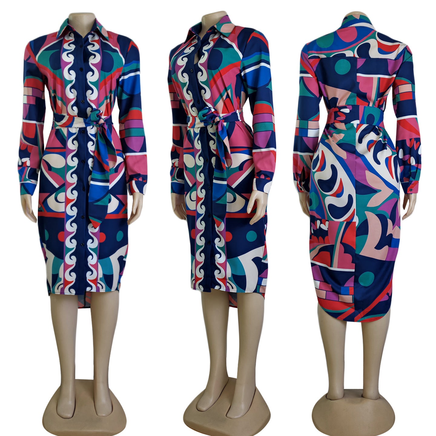 Women's Chic Career Long Sleeve Printed Slim Waist Casual Shirt Dress with Belt 7