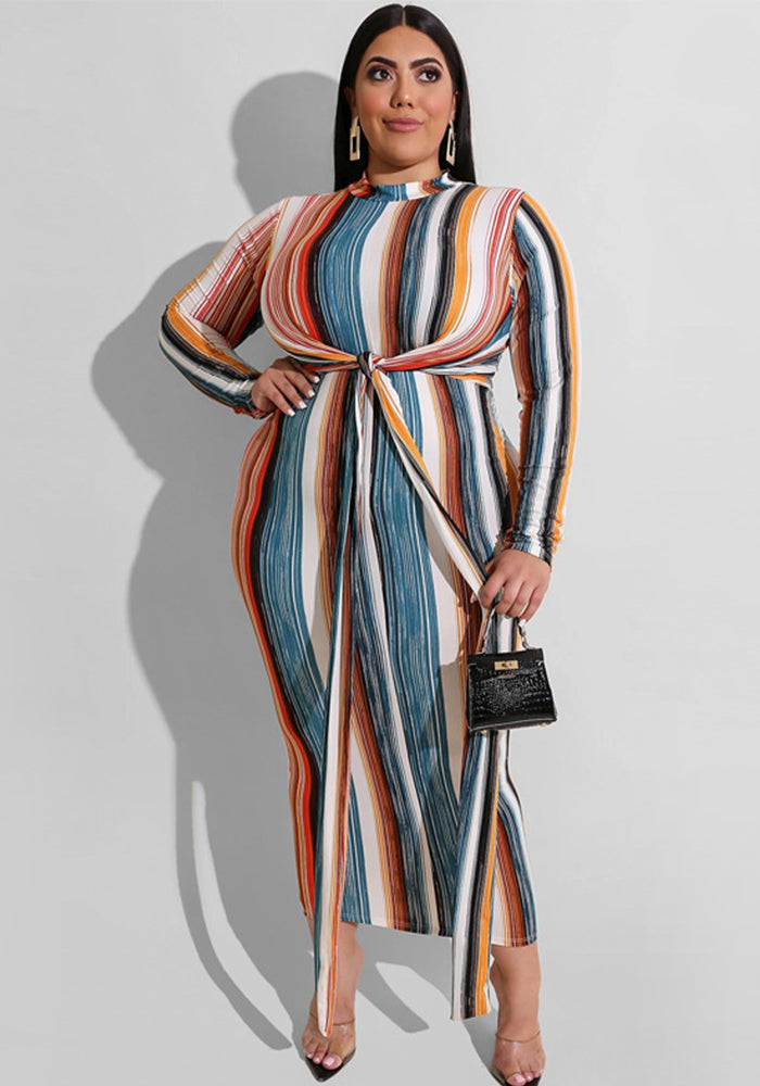 Multi-Color Stripes Tight Fitting Lace-Up Tie Winter Plus Size Women's Long Dress