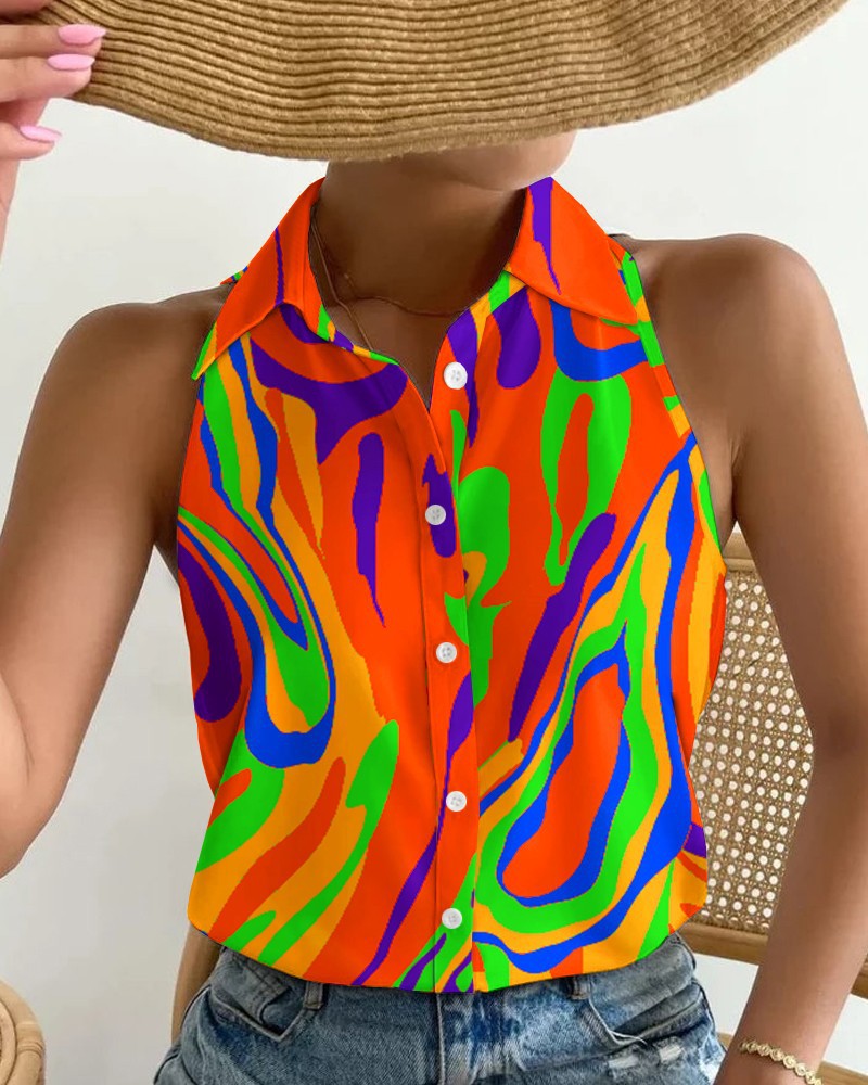 Summer Casual Fashion Sleeveless Abstract Print Blouse 8