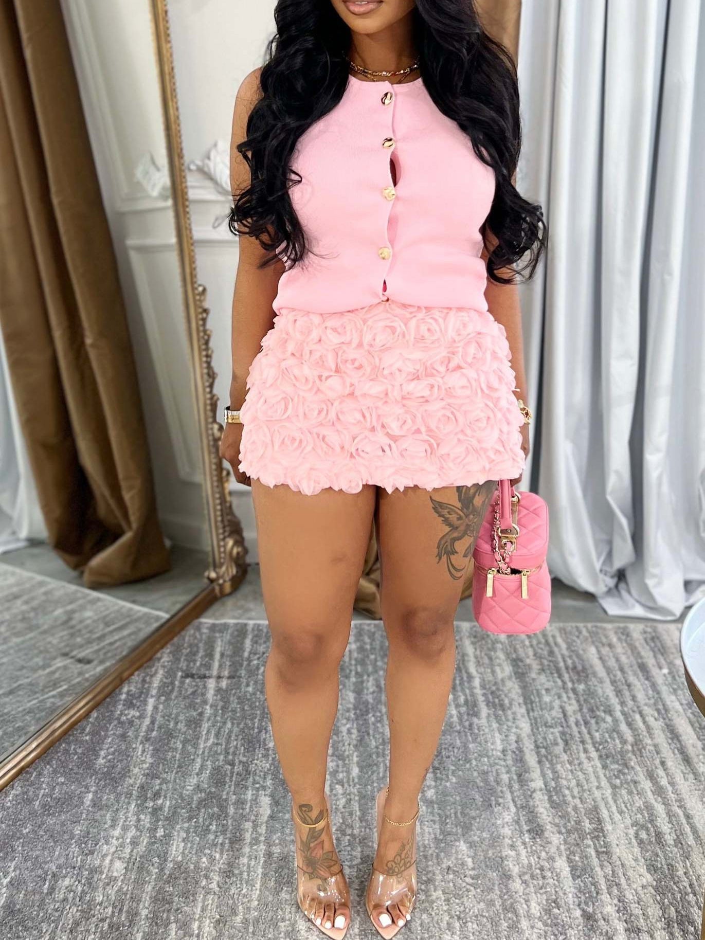 Women's Sleeveless Top Floral Bodycon Skirt Set 10