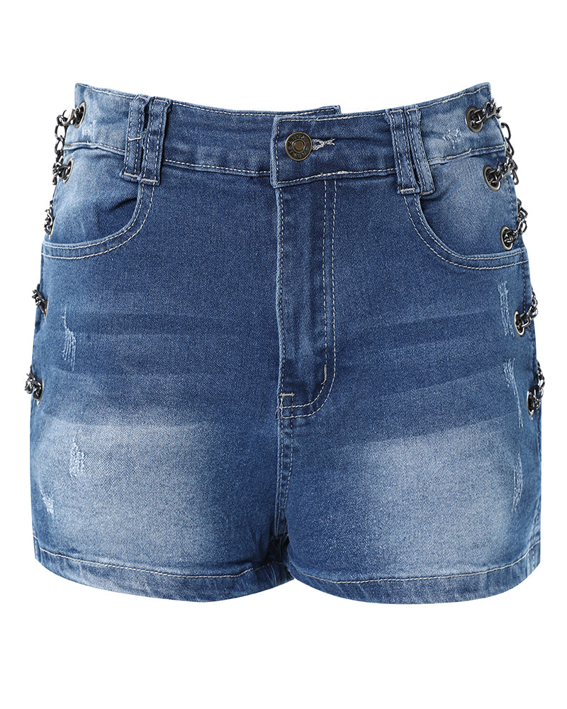 Women's Side Metal Chain Lace-Up Ripped Tight Fitting Denim Shorts 3
