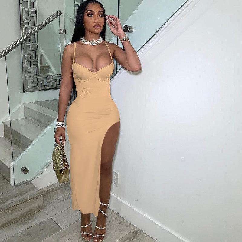 Women Sexy Low-Cut Backless Solid Color Straps Slit Bodycon Dress 8